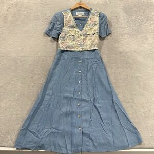 RJ Stevens Button Maxi Dress Women 4 Blue Floral Vest 80s Vtg Boho TradWife